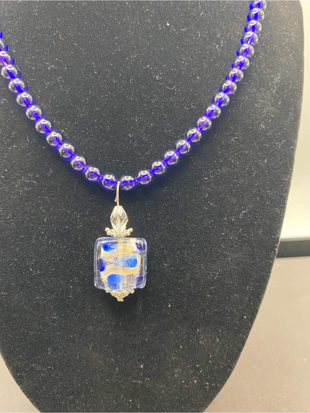 Beautiful Blue Bead Necklace with Glass Square Pendant